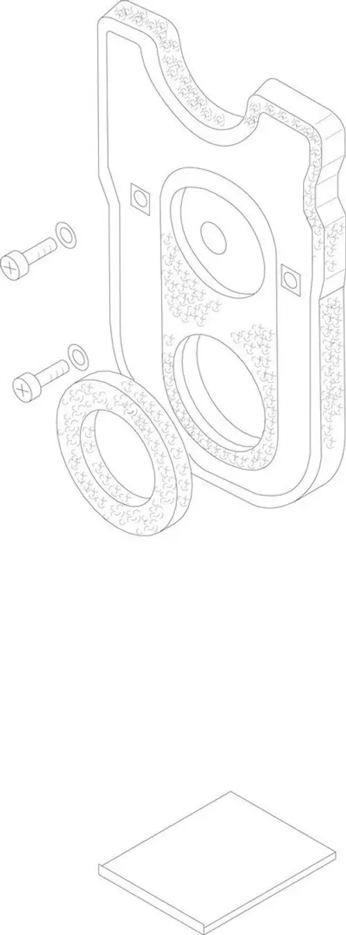 Bosch Wärmeschutz für eine Tür, bestehend aus einer isolierten Platte und zwei Schrauben. Dichtungselement als zusätzlicher Bestandteil sichtbar.